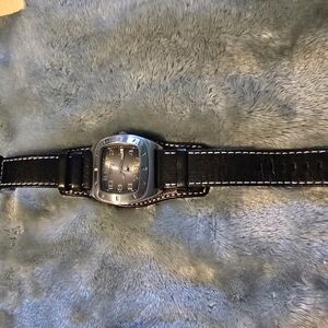 Black Leather Strap Watch with Silver Accents